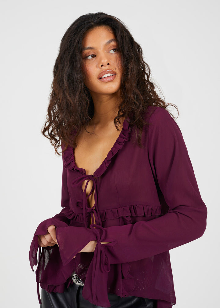 LONG SLEEVE MESH RUFFLE TIE FRONT TOP, BURGANDY