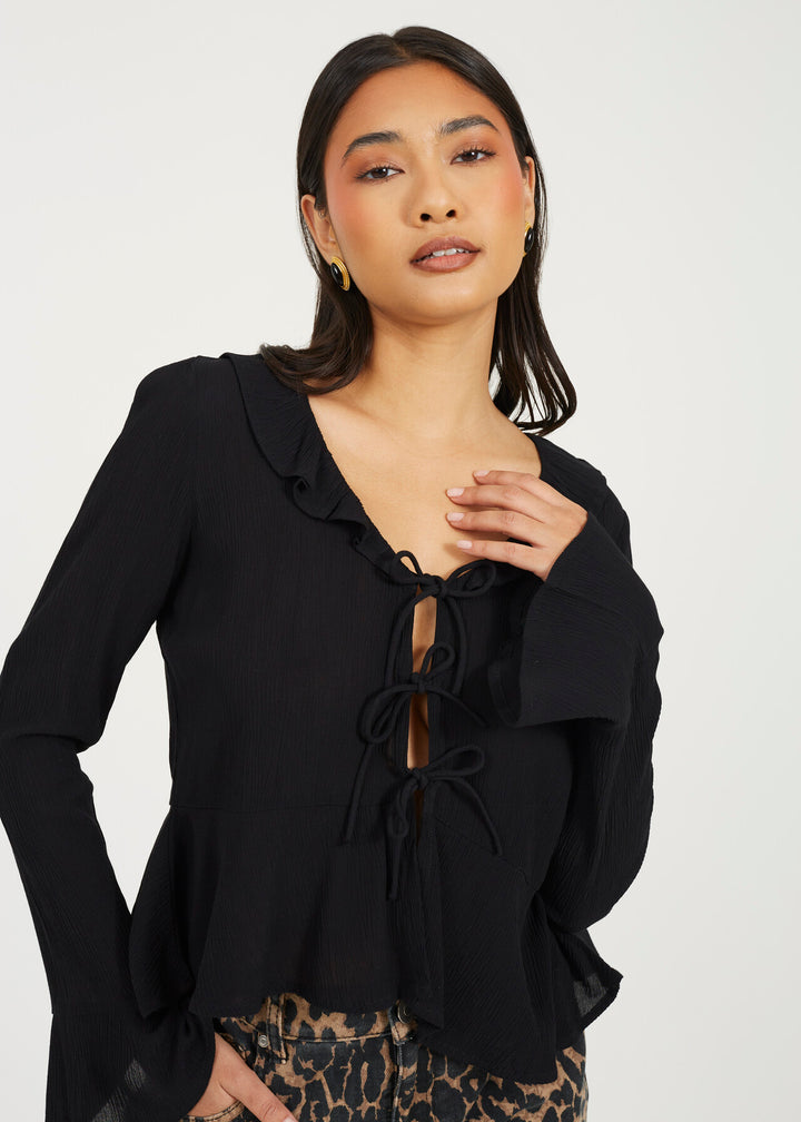 BELL SLEEVE FRILL TIE UP BLOUSE, BLACK