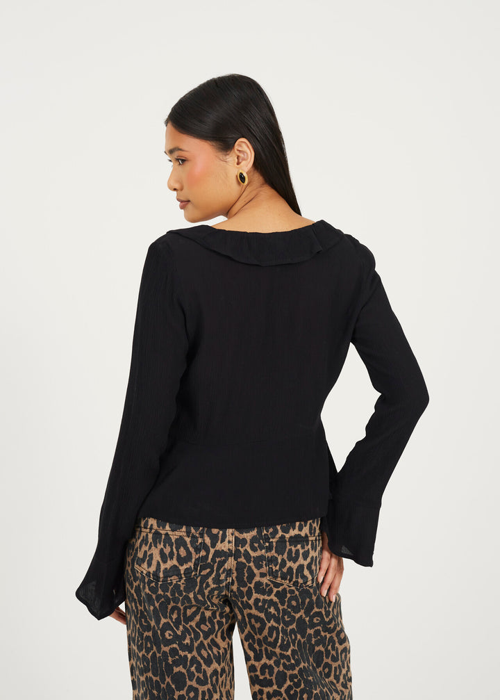 BELL SLEEVE FRILL TIE UP BLOUSE, BLACK