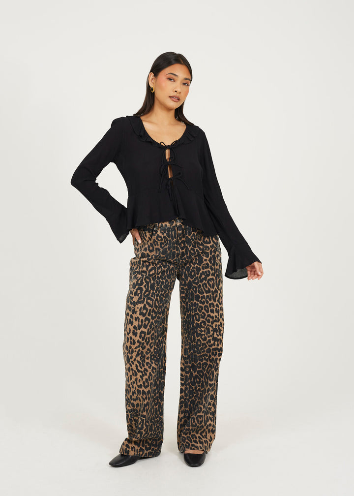 BELL SLEEVE FRILL TIE UP BLOUSE, BLACK