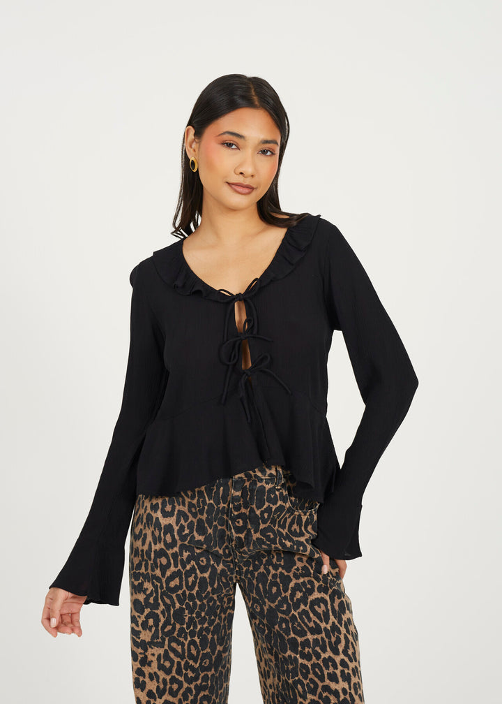 BELL SLEEVE FRILL TIE UP BLOUSE, BLACK