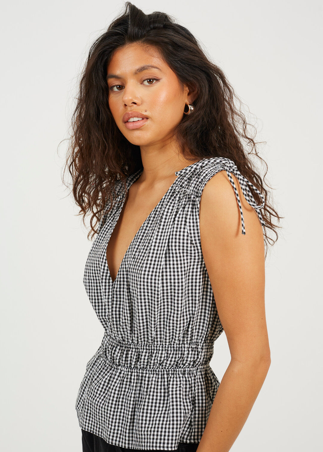 GINGHAM TIE DETAIL V NECK WOVEN VEST