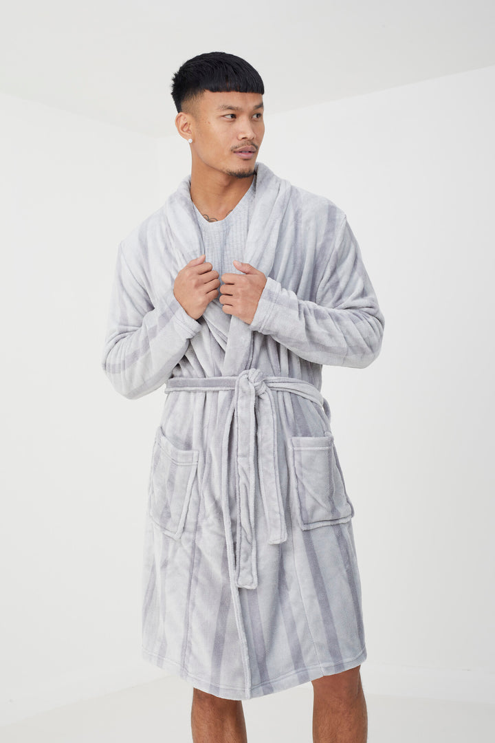 GREY STRIPED LONG LENGTH SHERPA DRESSING GOWN