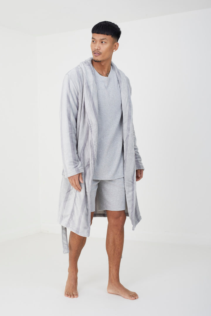 GREY STRIPED LONG LENGTH SHERPA DRESSING GOWN