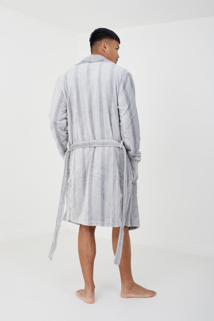 GREY STRIPED LONG LENGTH SHERPA DRESSING GOWN