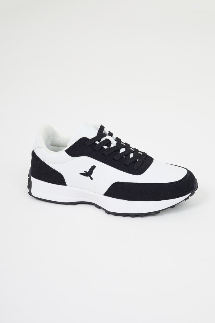 FAUX SUEDE BLACK & WHITE LACE UP TRAINER WITH EAGLE EMBROIDERY