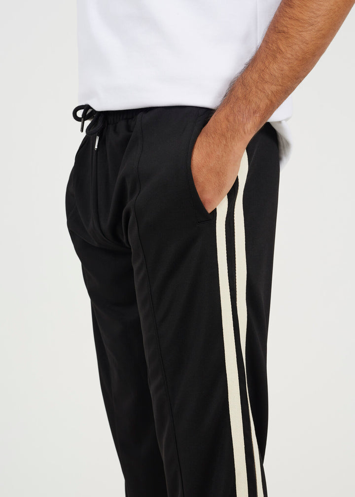 CONTRAST SIDE STRIPE WIDE LEG JOGGERS, JET BLACK