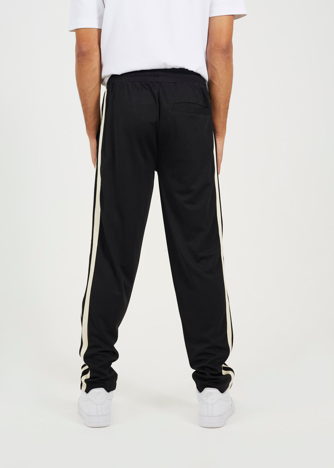 CONTRAST SIDE STRIPE WIDE LEG JOGGERS, JET BLACK
