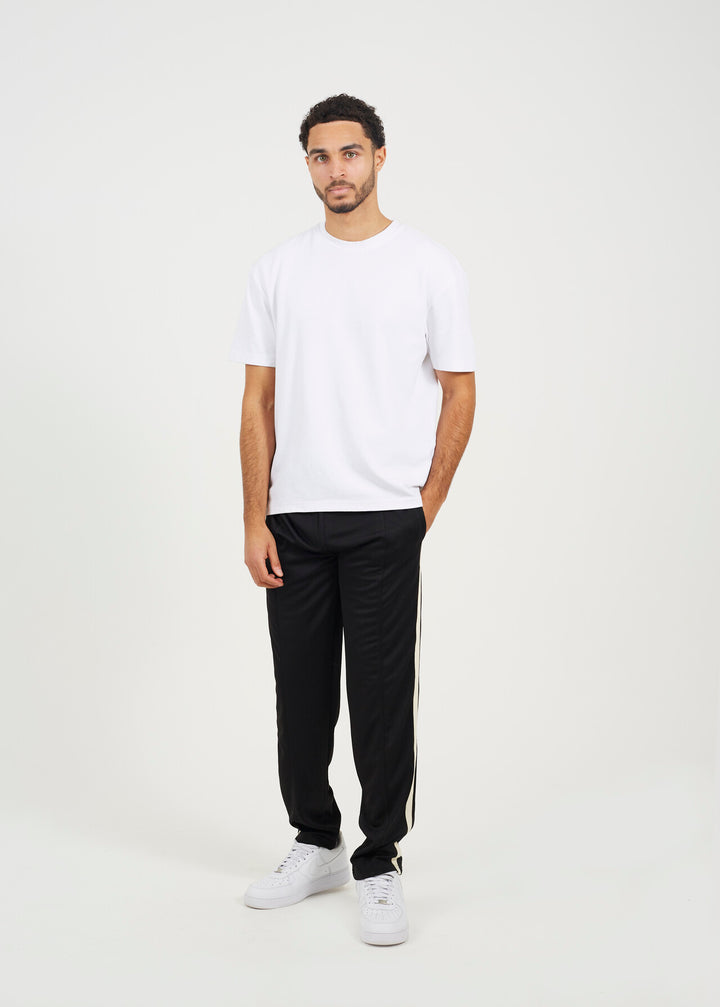 CONTRAST SIDE STRIPE WIDE LEG JOGGERS, JET BLACK