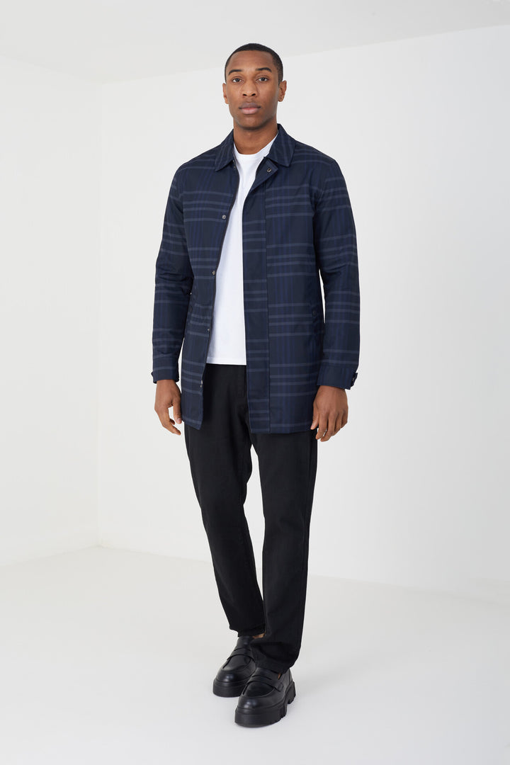 LONGLINE NAVY CHECK MAC JACKET
