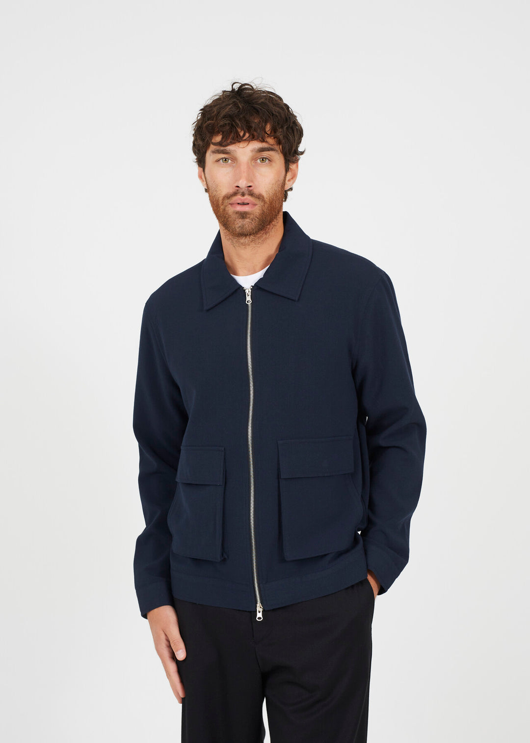 TAILORED COLLARED HARRINGTON STYLE JACKET, NAVY