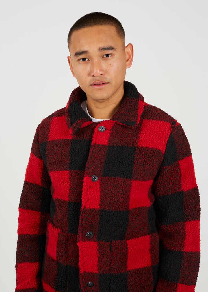 RED CHECKED LUMBERJACK STYLE BORG JACKET