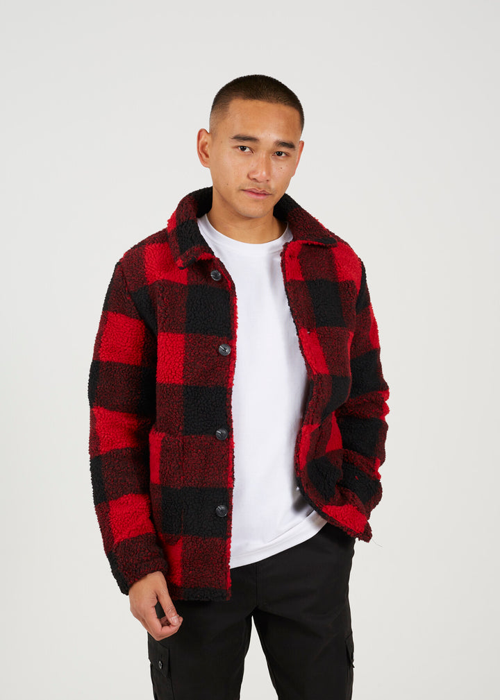 RED CHECKED LUMBERJACK STYLE BORG JACKET