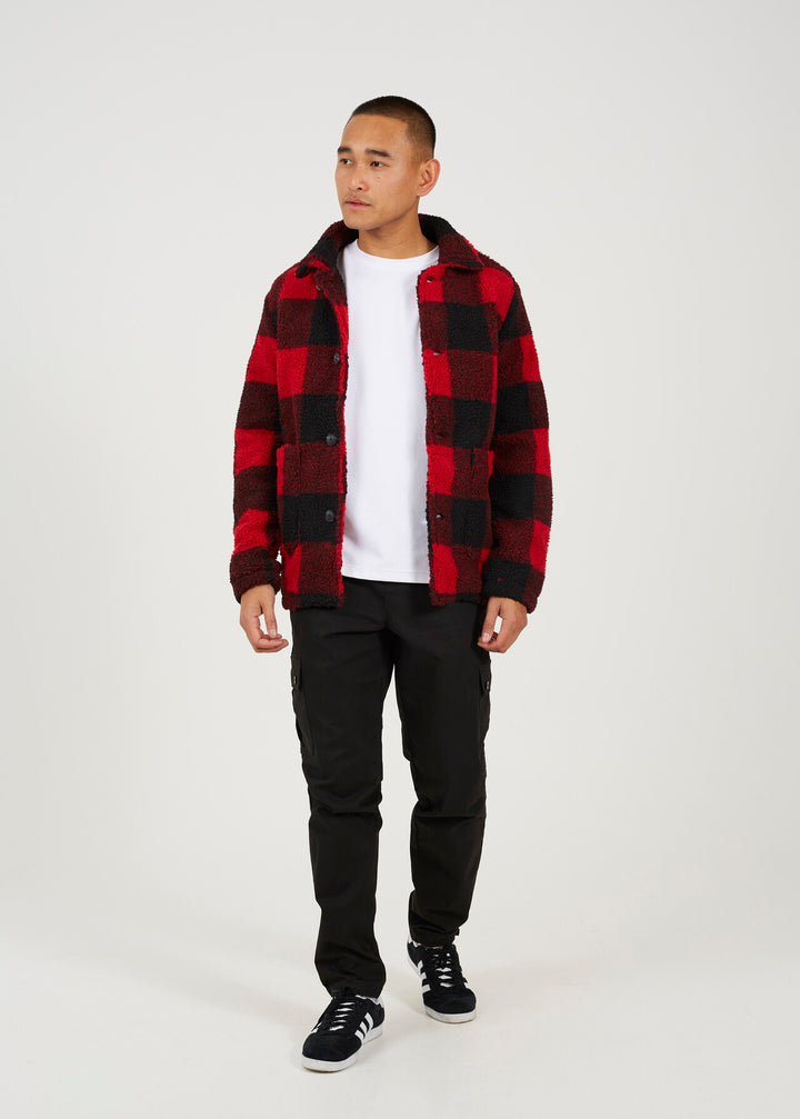 RED CHECKED LUMBERJACK STYLE BORG JACKET