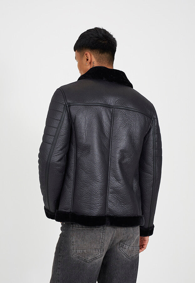 BLACK FAUX SUEDE AVIATOR JACKET