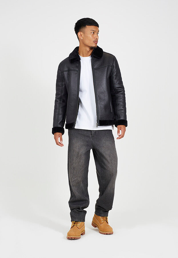 BLACK FAUX SUEDE AVIATOR JACKET
