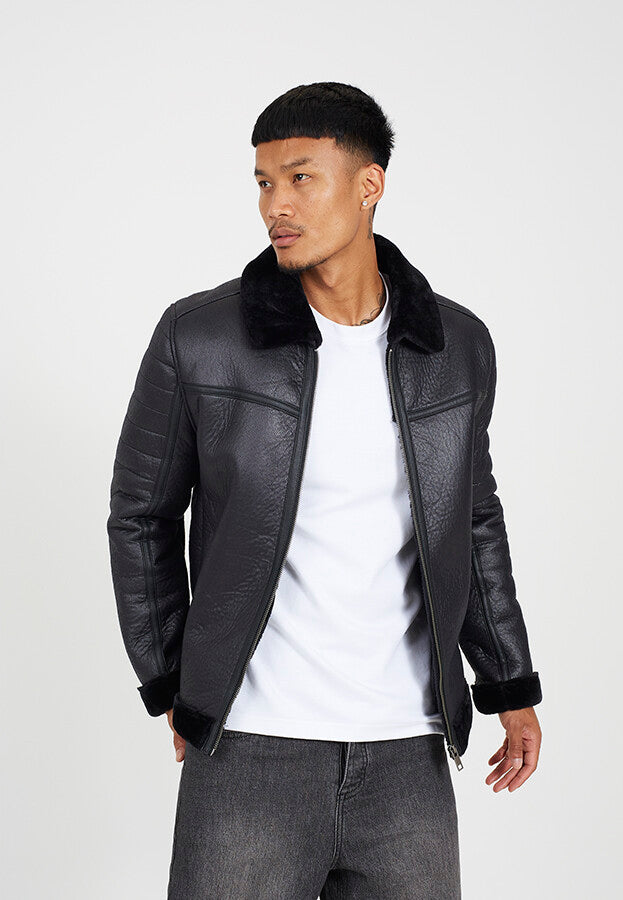 BLACK FAUX SUEDE AVIATOR JACKET