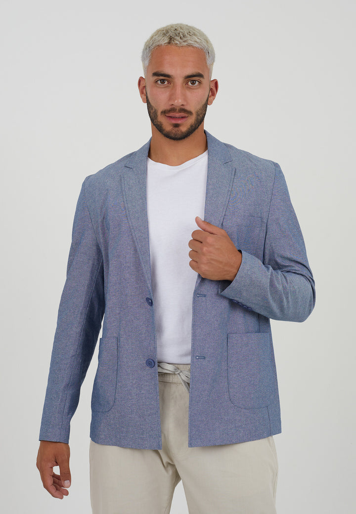 LIGHT BLUE BUTTON THROUGH THREE POCKET CHAMBRAY BLAZER