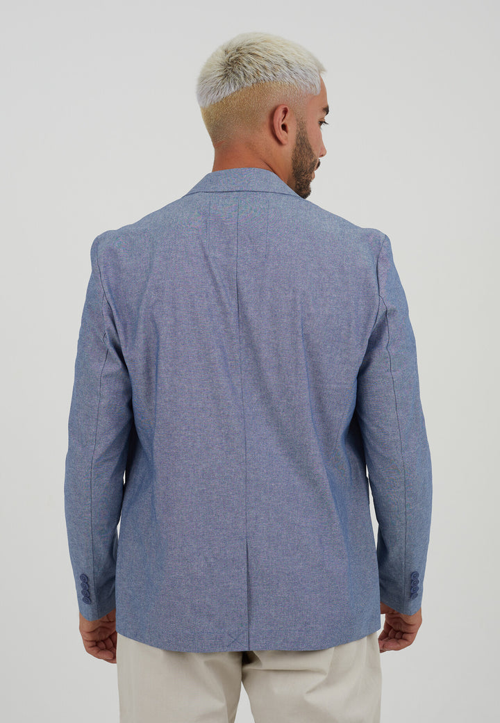 LIGHT BLUE BUTTON THROUGH THREE POCKET CHAMBRAY BLAZER