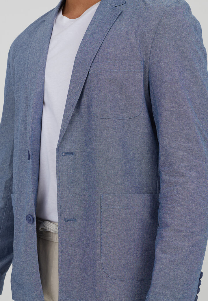 LIGHT BLUE BUTTON THROUGH THREE POCKET CHAMBRAY BLAZER