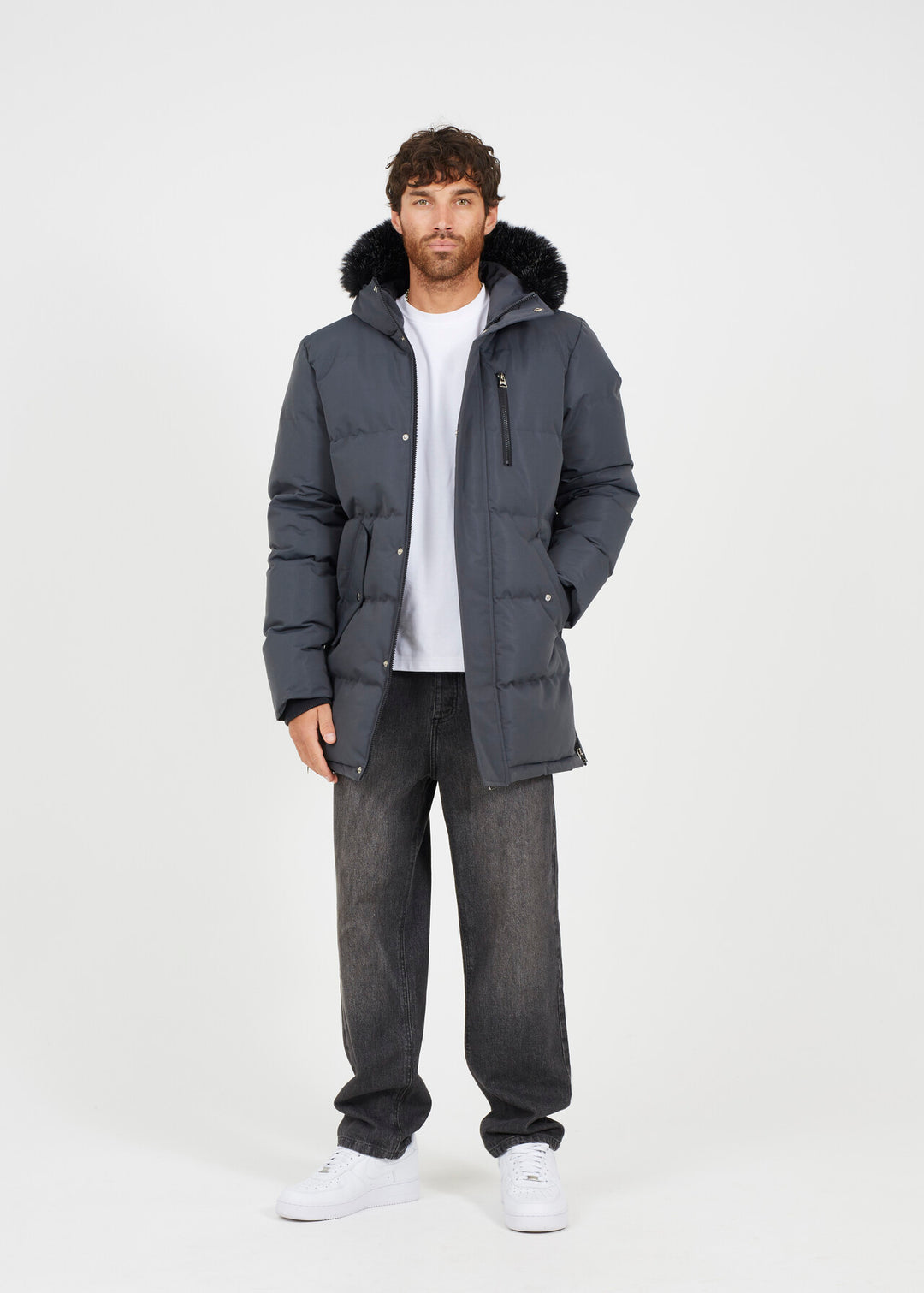 GREY FAUX FUR HOOD LONGER LENGTH PARKA COAT