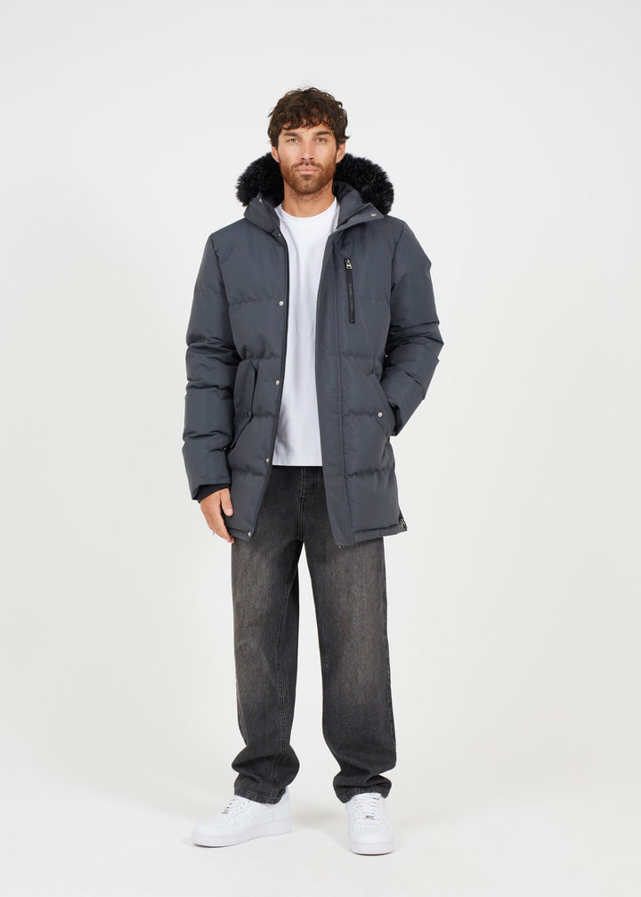 GREY FAUX FUR HOOD LONGER LENGTH PARKA COAT