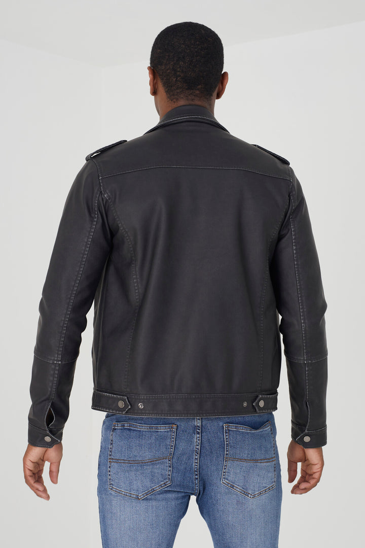 BLACK FAUX LEATHER BIKER JACKET