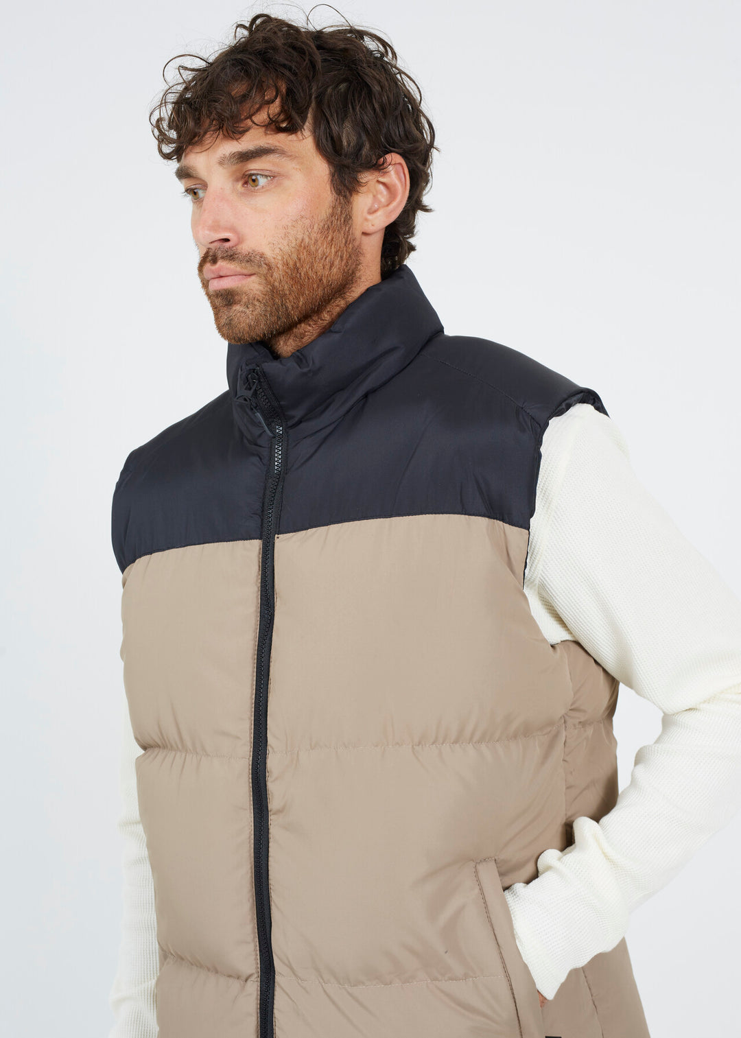 STONE AND BLACK BLOCK COLOUR ZIP THROUGH GILET