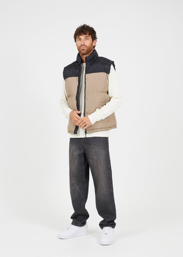 STONE AND BLACK BLOCK COLOUR ZIP THROUGH GILET