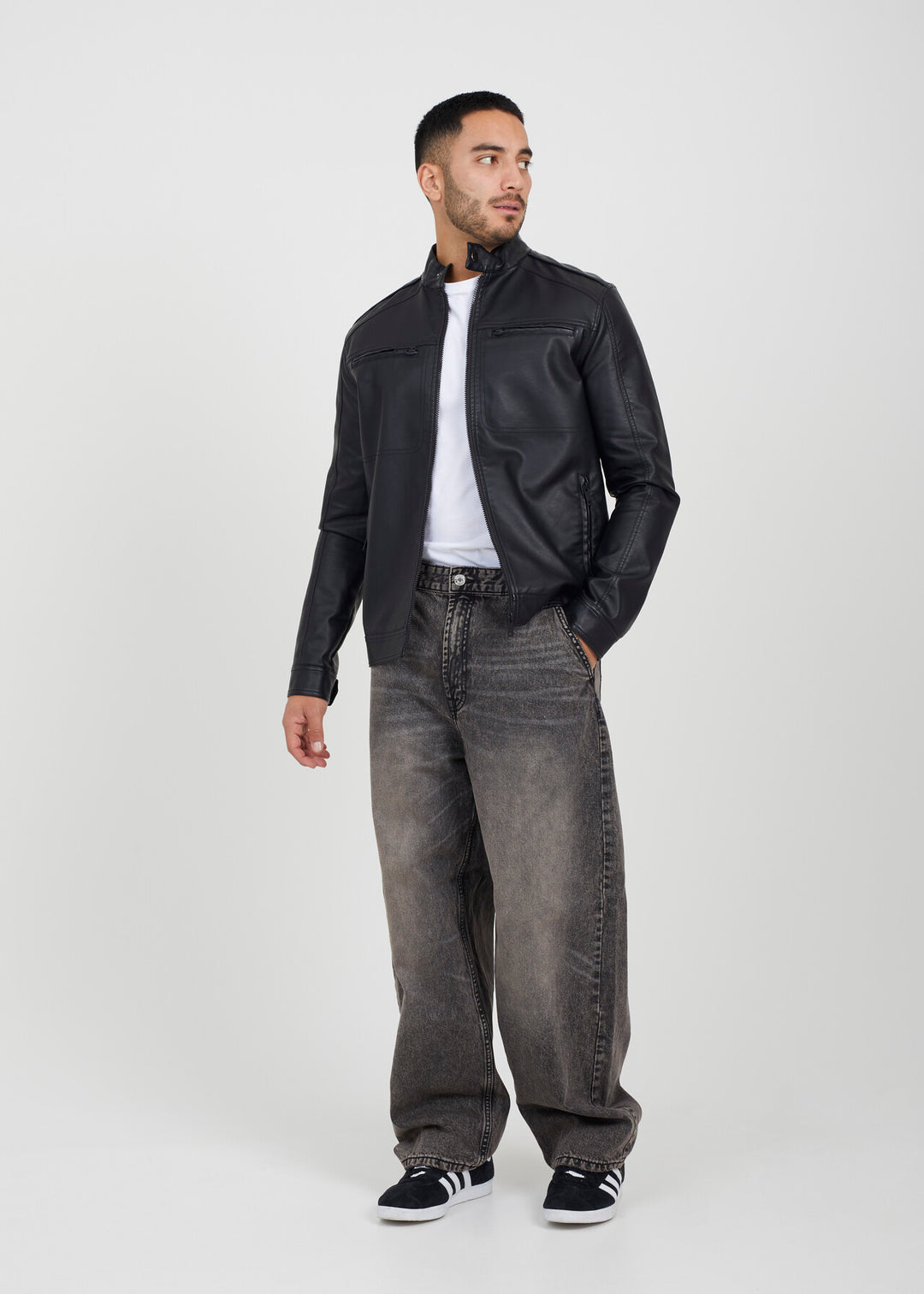 COLLAR DETAIL FAUX LEATHER BIKER JACKET