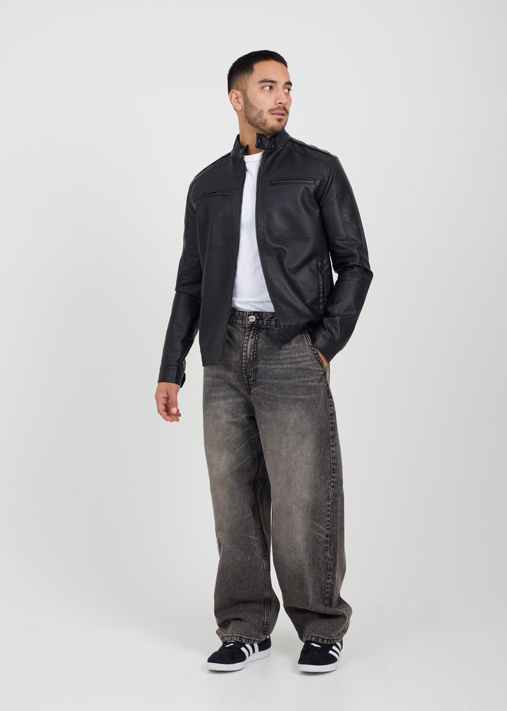 COLLAR DETAIL FAUX LEATHER BIKER JACKET