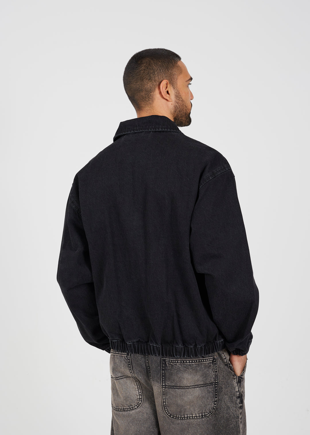 OVERSIZED DENIM BOMBER JACKET, BLACK