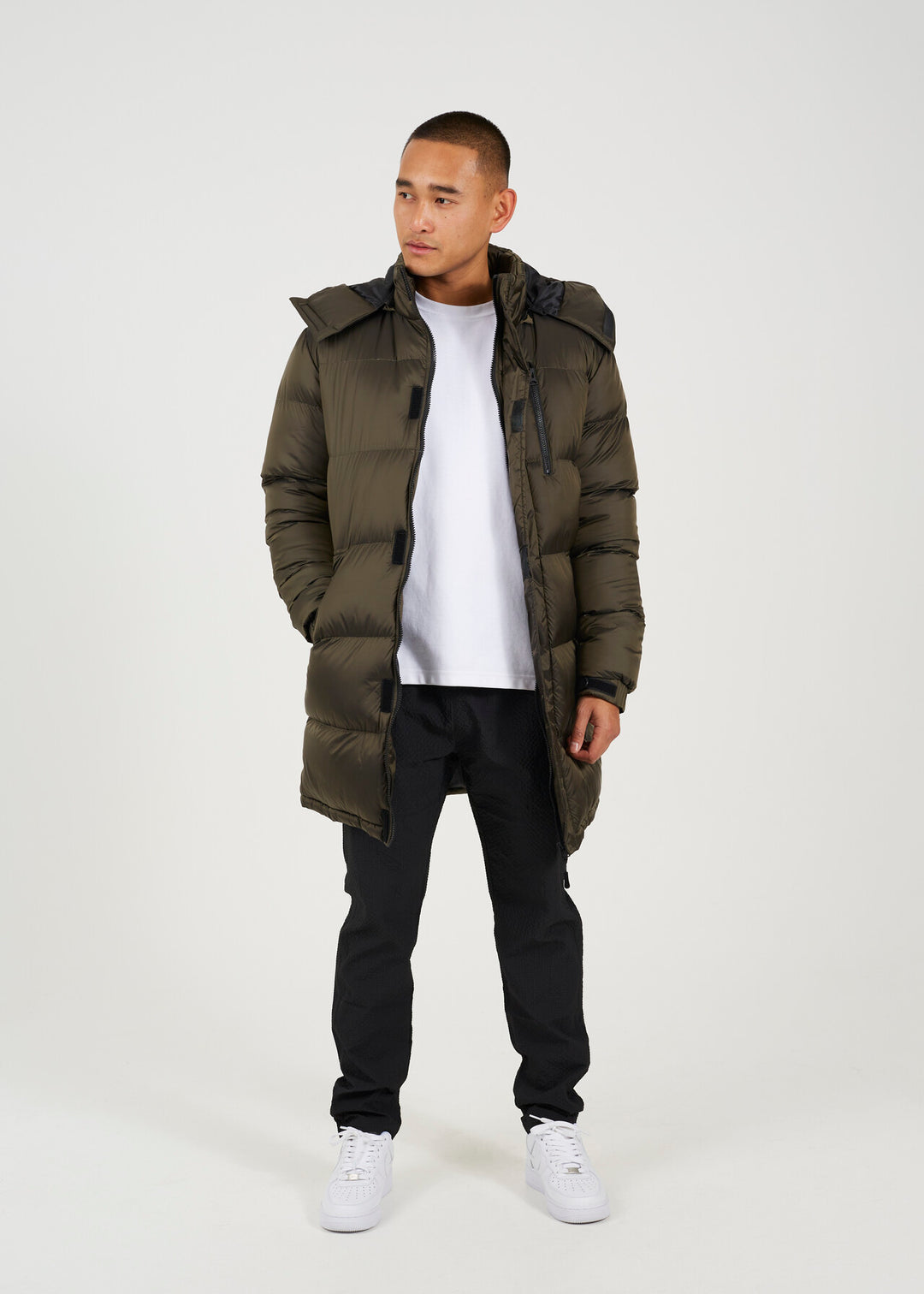 KHAKI LONGLINE FUNNEL NECK REMOVABLE HOOD PADDED JACKET
