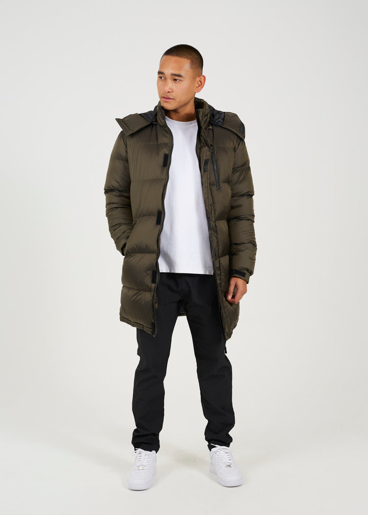 KHAKI LONGLINE FUNNEL NECK REMOVABLE HOOD PADDED JACKET