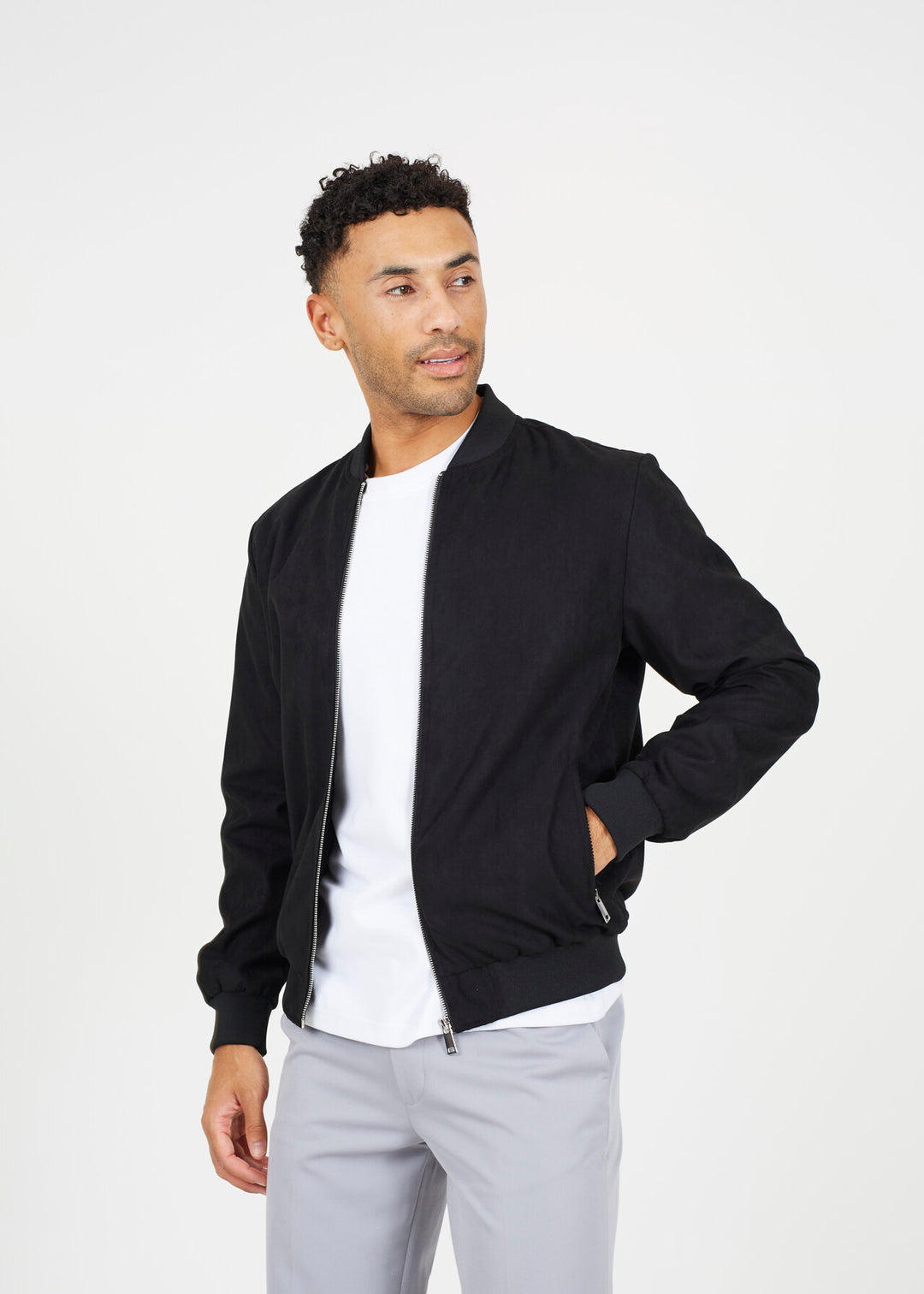 FAUX SUEDE BOMBER JACKET, BLACK