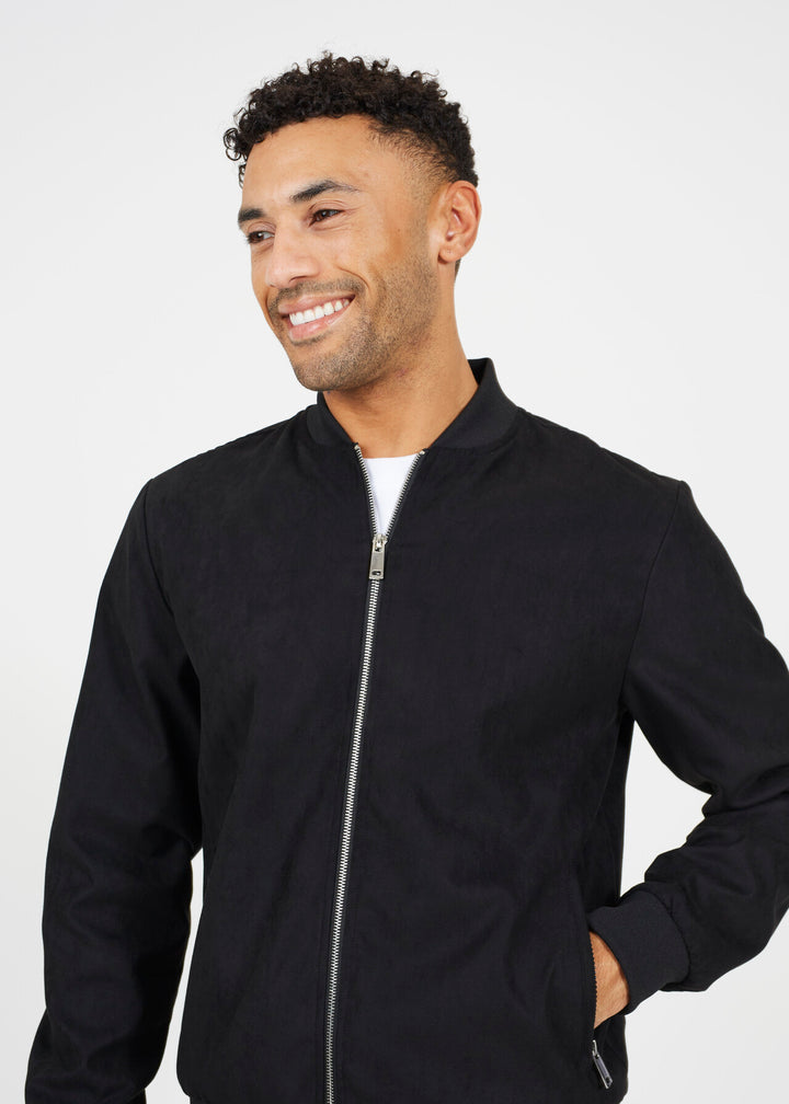 FAUX SUEDE BOMBER JACKET, BLACK