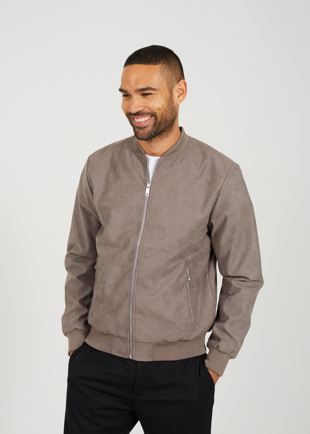 FAUX SUEDE BOMBER JACKET, TAUPE