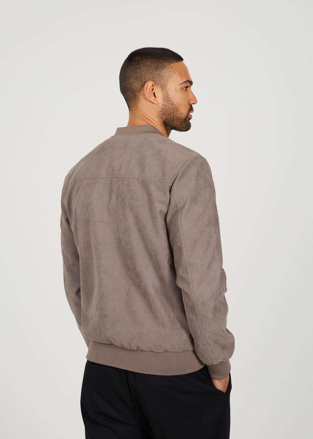 FAUX SUEDE BOMBER JACKET, TAUPE
