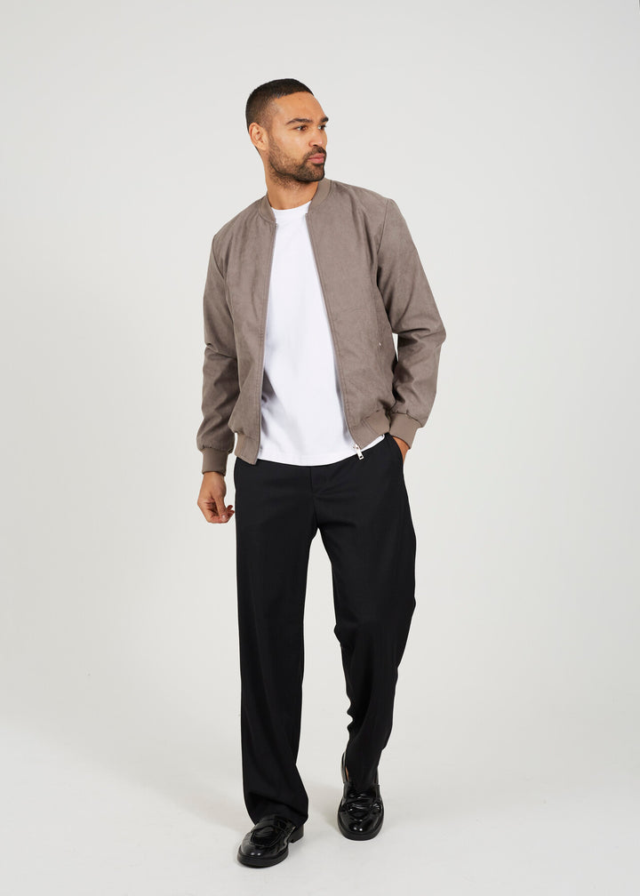 FAUX SUEDE BOMBER JACKET, TAUPE