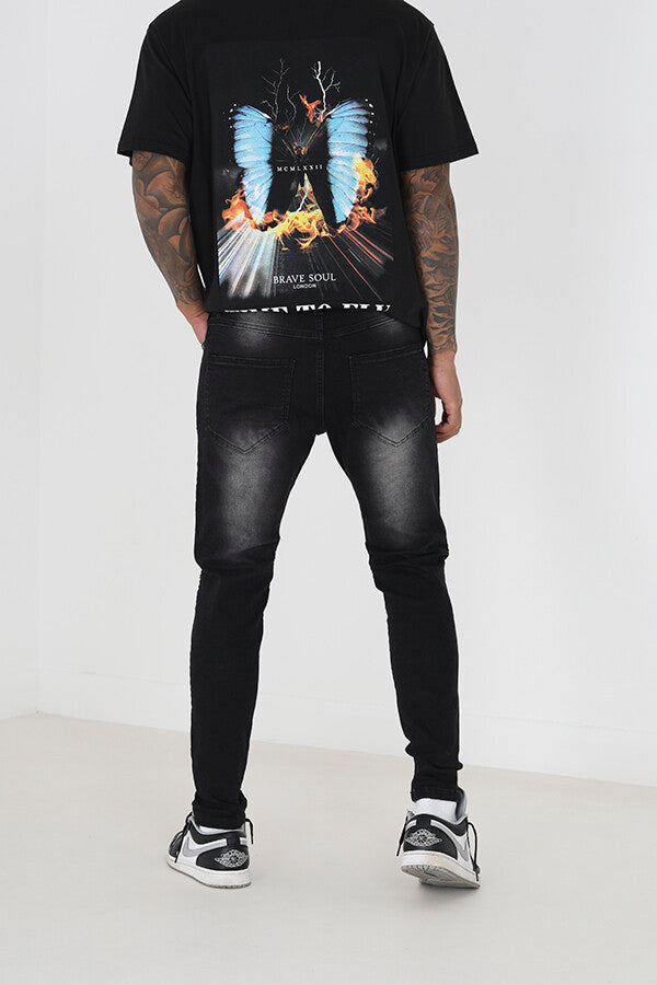 BIKER STITCH DETAIL RIPPED CHARCOAL JEANS