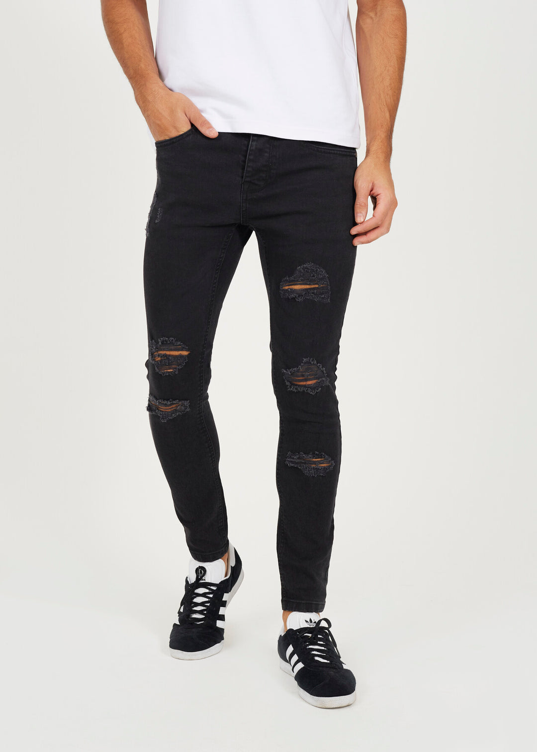 WASHED DENIM RIPPED FRONT SKINNY JEANS