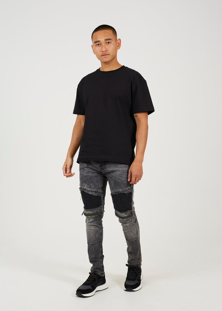 WASHED BLACK DENIM PANEL DETAIL BIKER JEANS