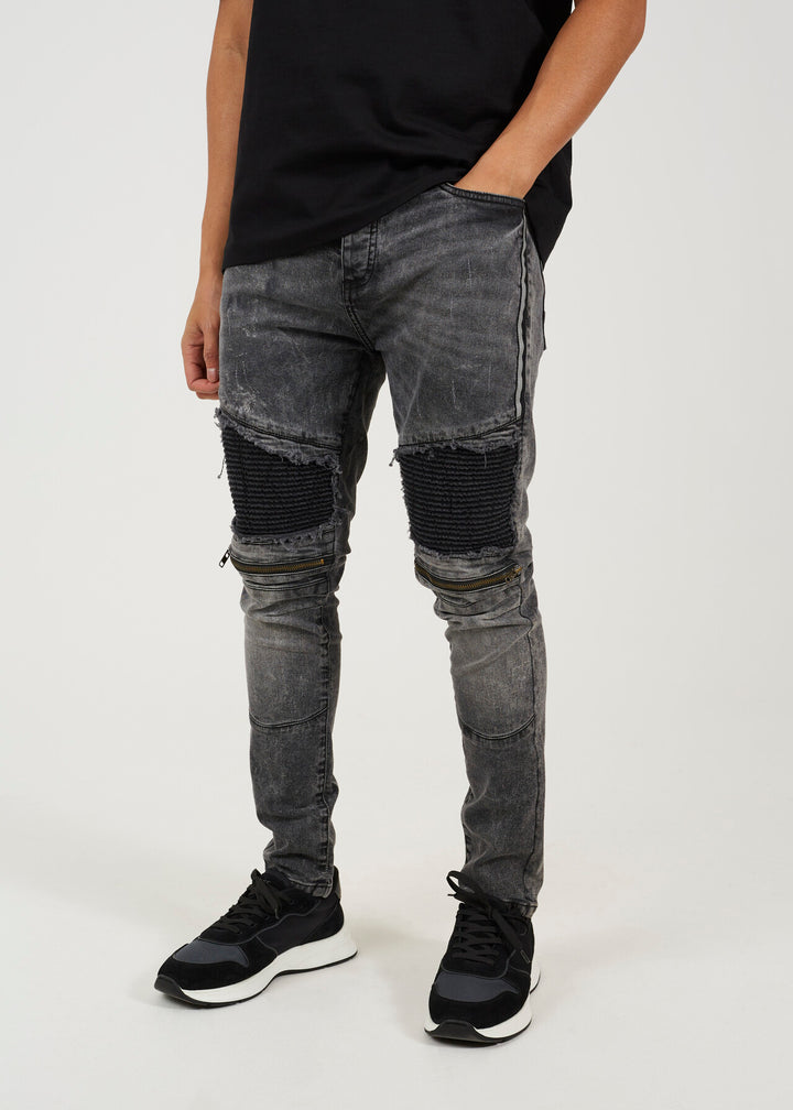 WASHED BLACK DENIM PANEL DETAIL BIKER JEANS