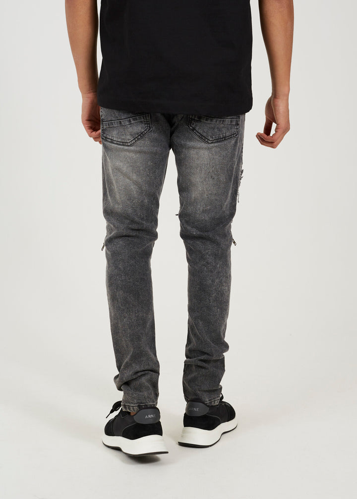 WASHED BLACK DENIM PANEL DETAIL BIKER JEANS