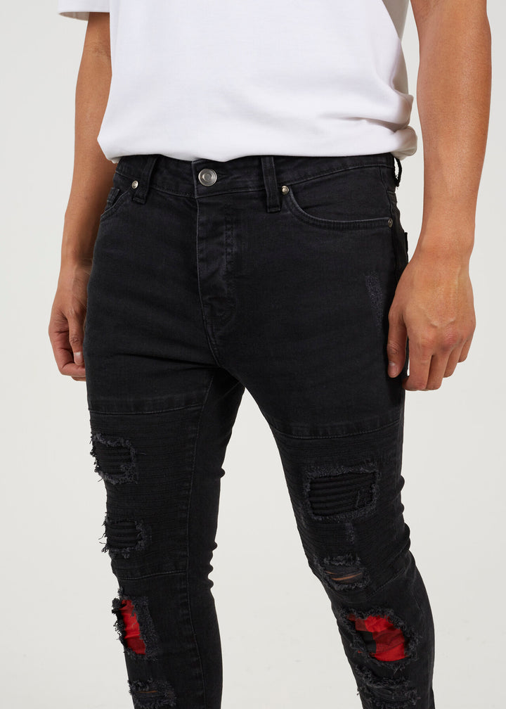 LUMBERJACK CHECK PATCH DETAIL CHARCOAL SKINNY JEANS