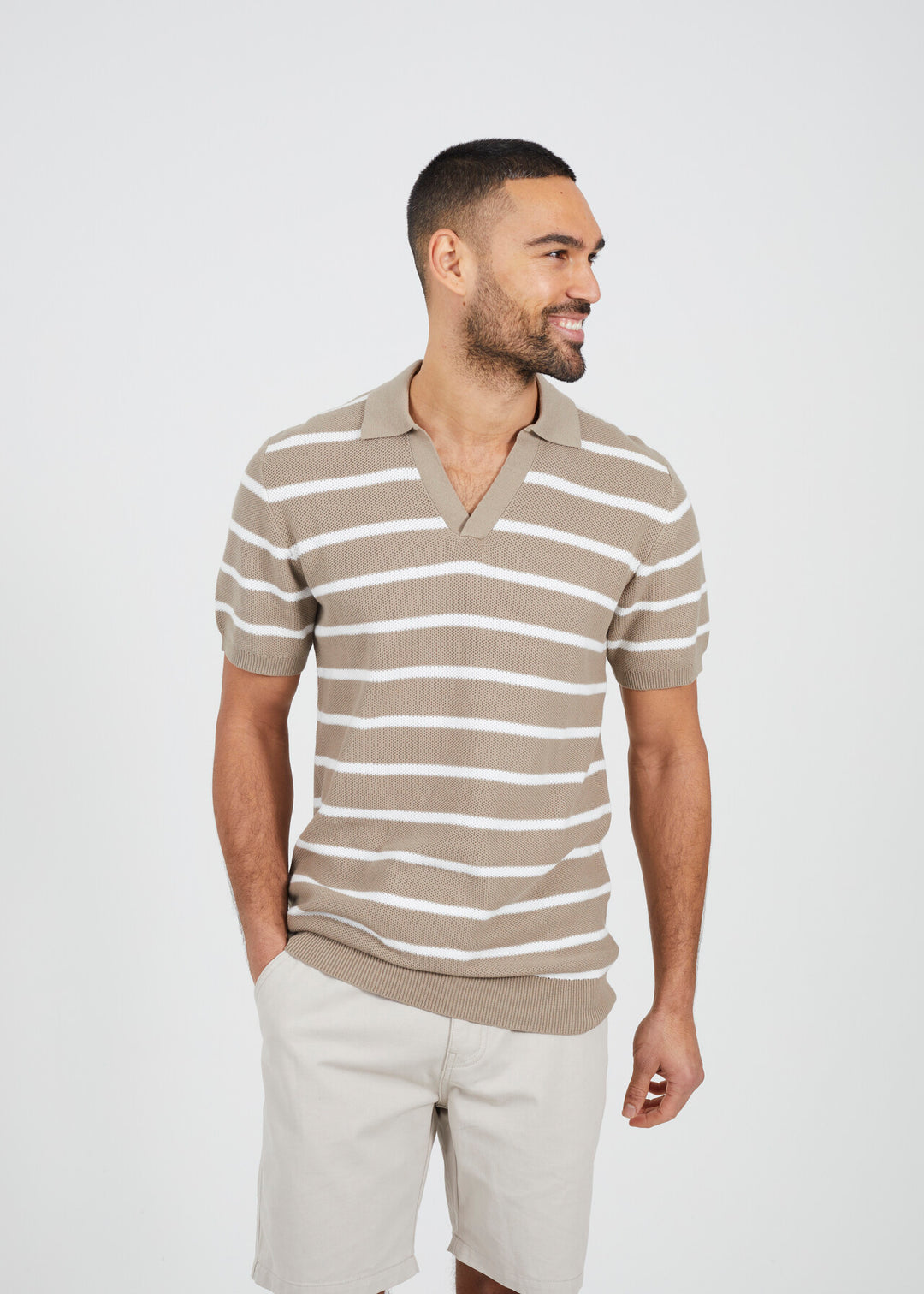 SHORT SLEEVE COLLARED JACQUARD POLO SHIRT, STONE/OFF WHITE