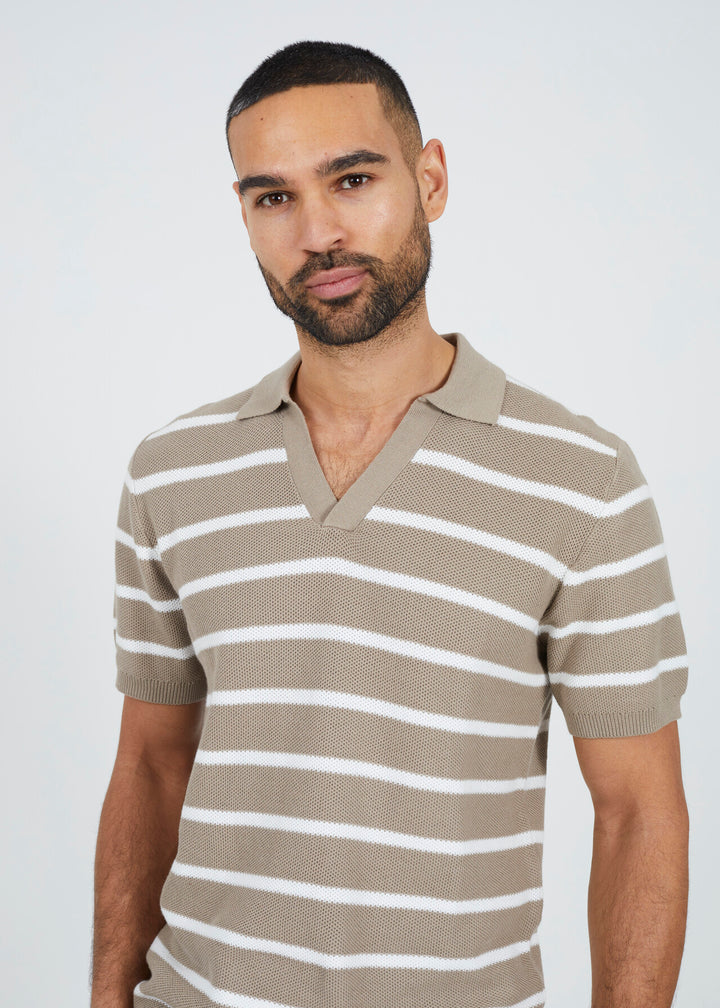 SHORT SLEEVE COLLARED JACQUARD POLO SHIRT, STONE/OFF WHITE