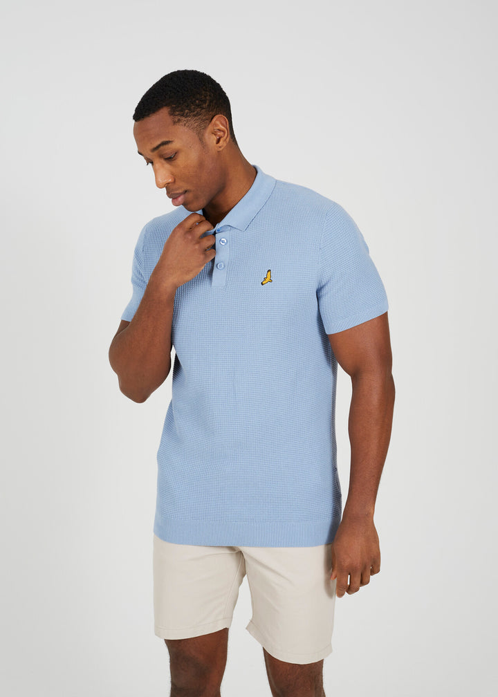 EMBROIDERED WAFFLE KNIT POLO SHIRT, DUSKY PINK AND BABY BLUE