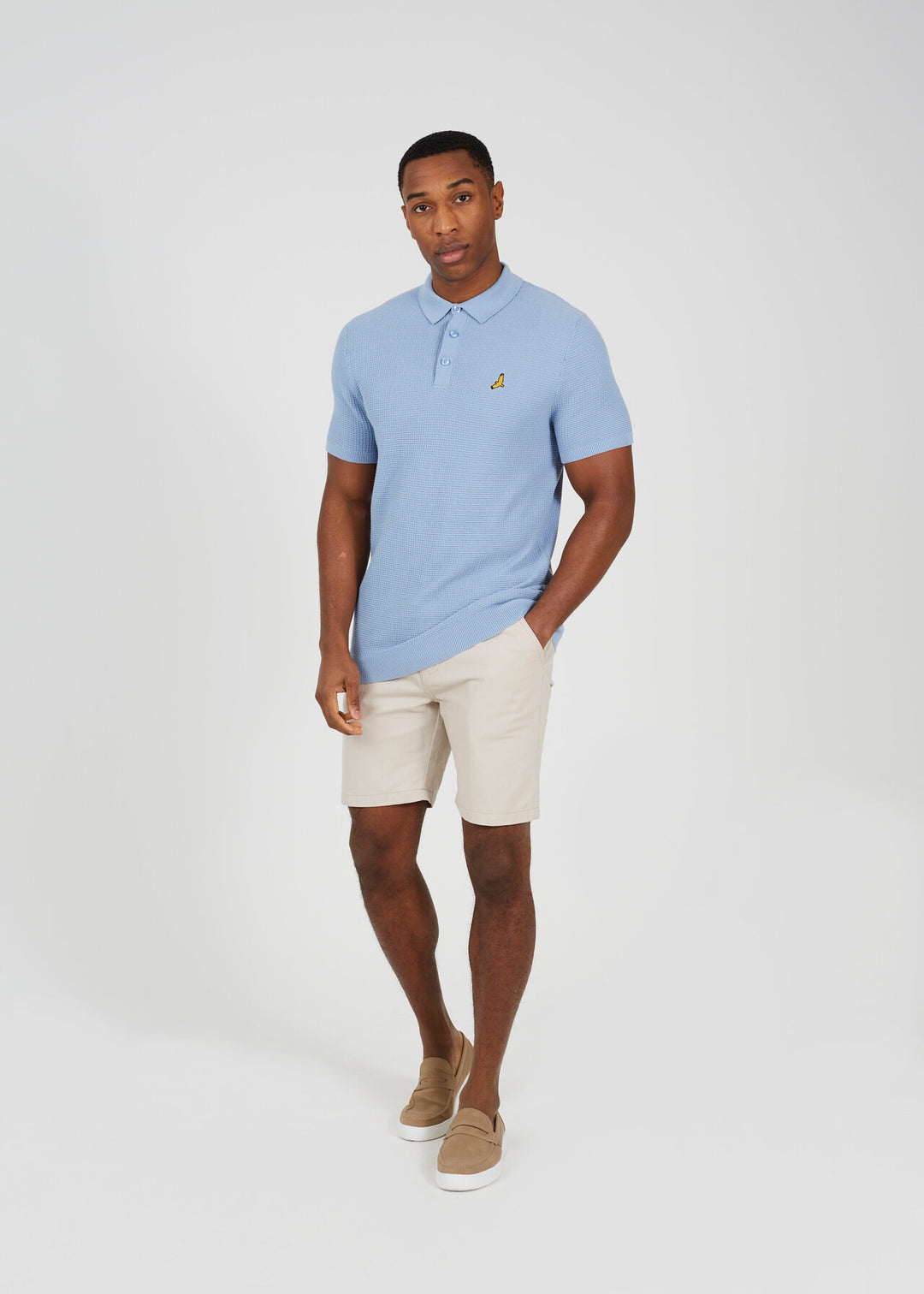 EMBROIDERED WAFFLE KNIT POLO SHIRT, DUSKY PINK AND BABY BLUE