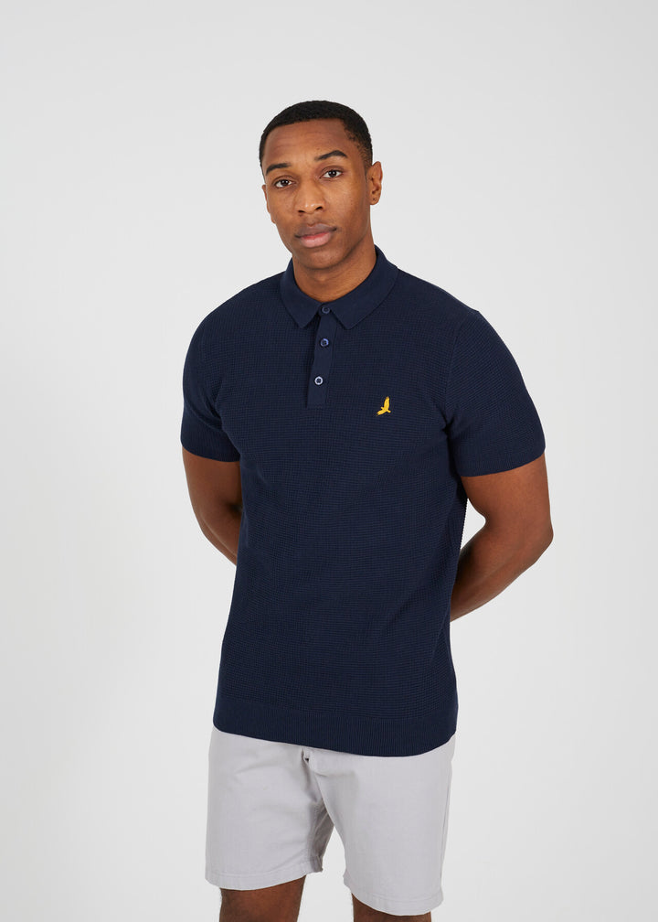 EMBROIDERED WAFFLE KNIT POLO SHIRT, MIDNIGHT NAVY AND DARK SAGE
